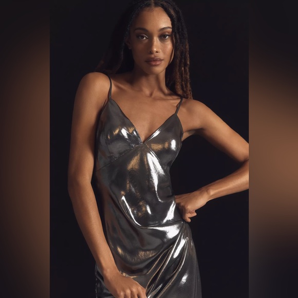 Anthropologie Metallic Silver Midi Dress - Picture 2 of 5